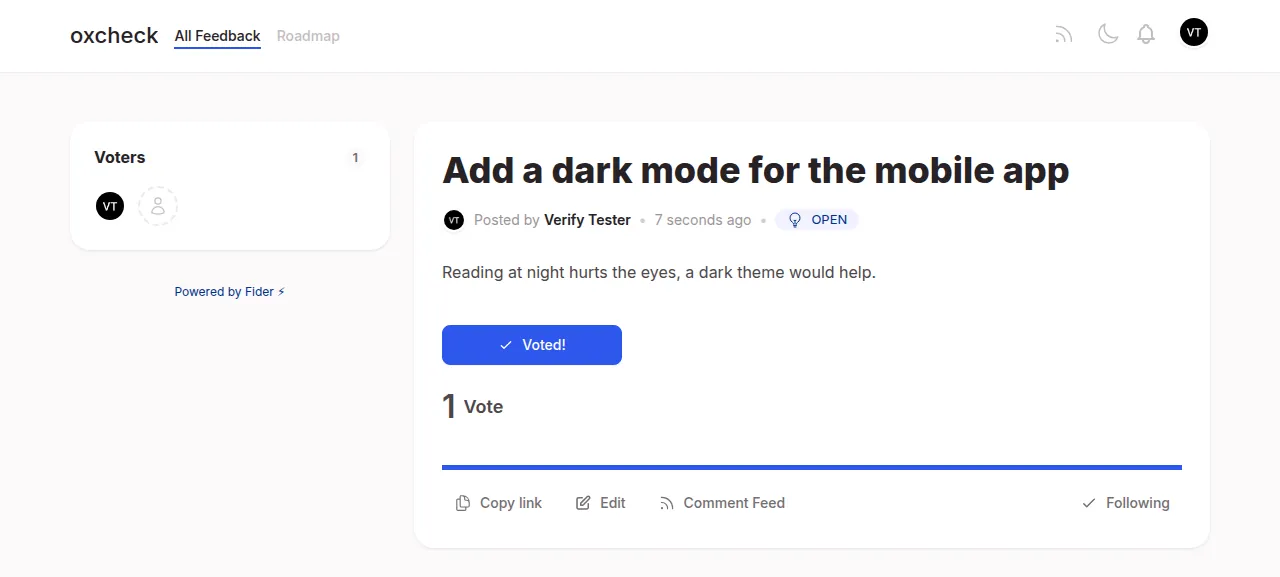 The new Fider idea Add a dark mode for the mobile app with 1 vote